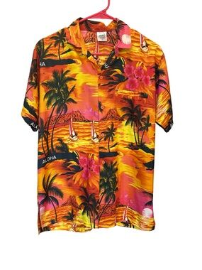 Happy Bay Hawaiian Aloha Shirt Small Sunset Palm Tree Surf Tropical Button Up